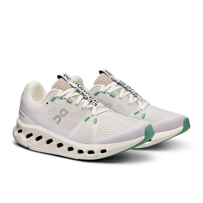 45-degree view of the On Cloudsurfer 7 Pearl-Ivory women’s running shoe 