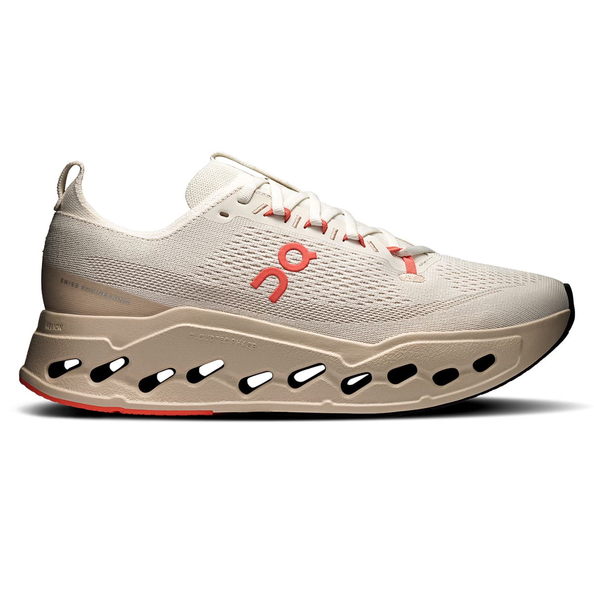 Right side view of the On Cloudsurfer Max Ivory-Salmon men’s running shoe #color_ivory-salmon
