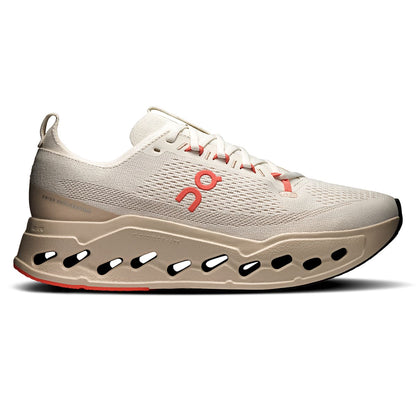 Right side view of the On Cloudsurfer Max Ivory-Salmon men’s running shoe 