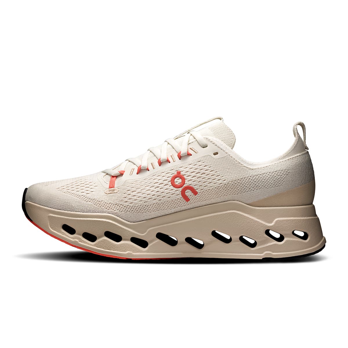 Left side view of the On Cloudsurfer Max Ivory-Salmon men’s running shoe #color_ivory-salmon