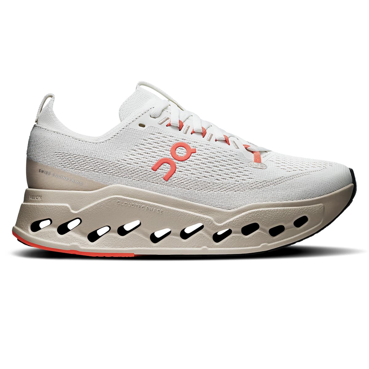 Right side view of the On Cloudsurfer Max Ivory-Salmon women’s running shoe #color_ivory-salmon