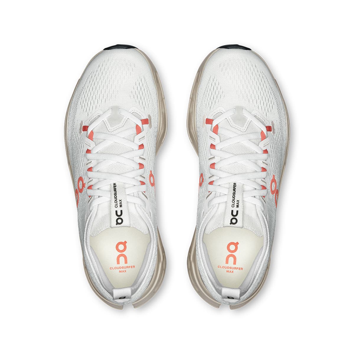 Top view of the On Cloudsurfer Max Ivory-Salmon women’s running shoes #color_ivory-salmon