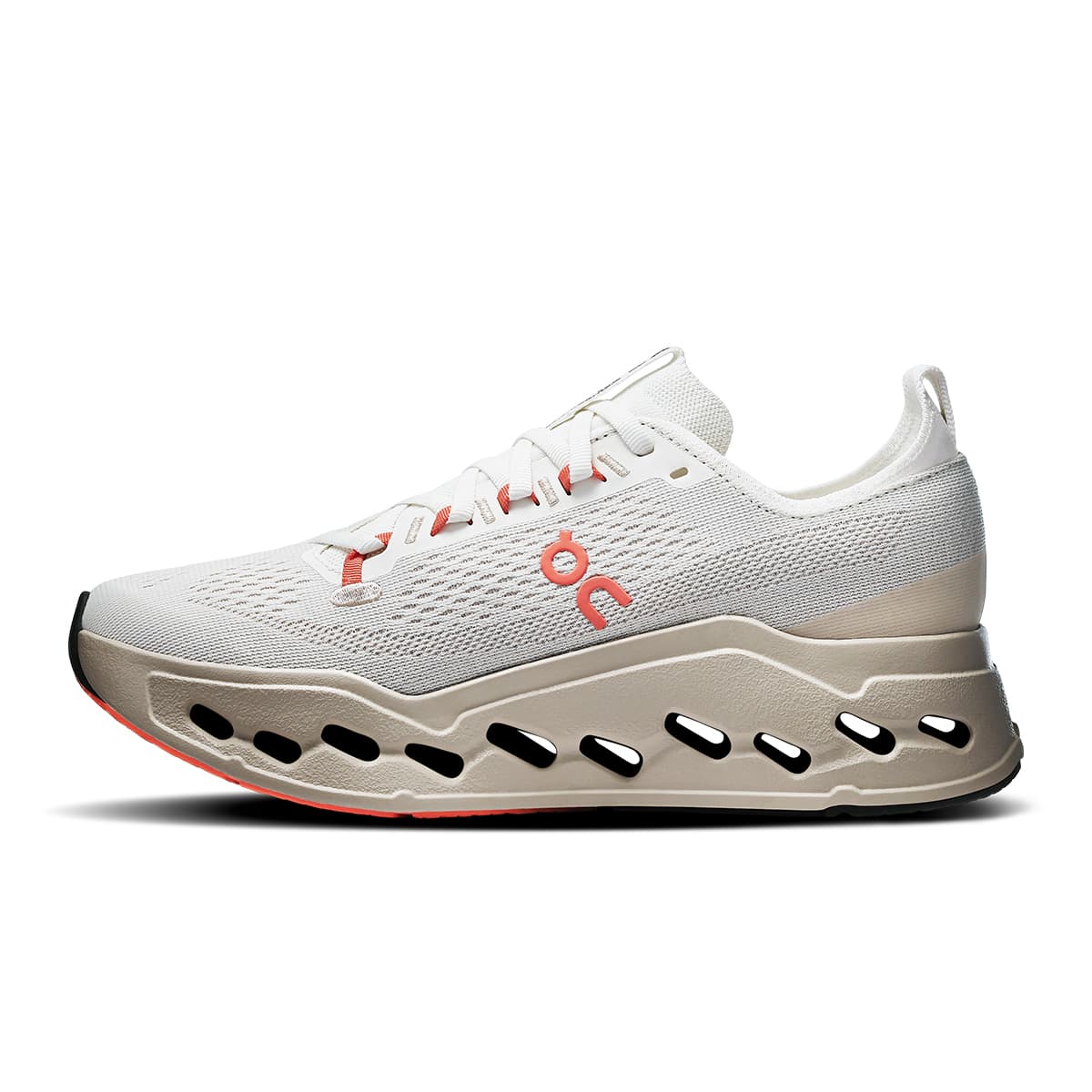 Left side view of the On Cloudsurfer Max Ivory-Salmon women’s running shoe #color_ivory-salmon