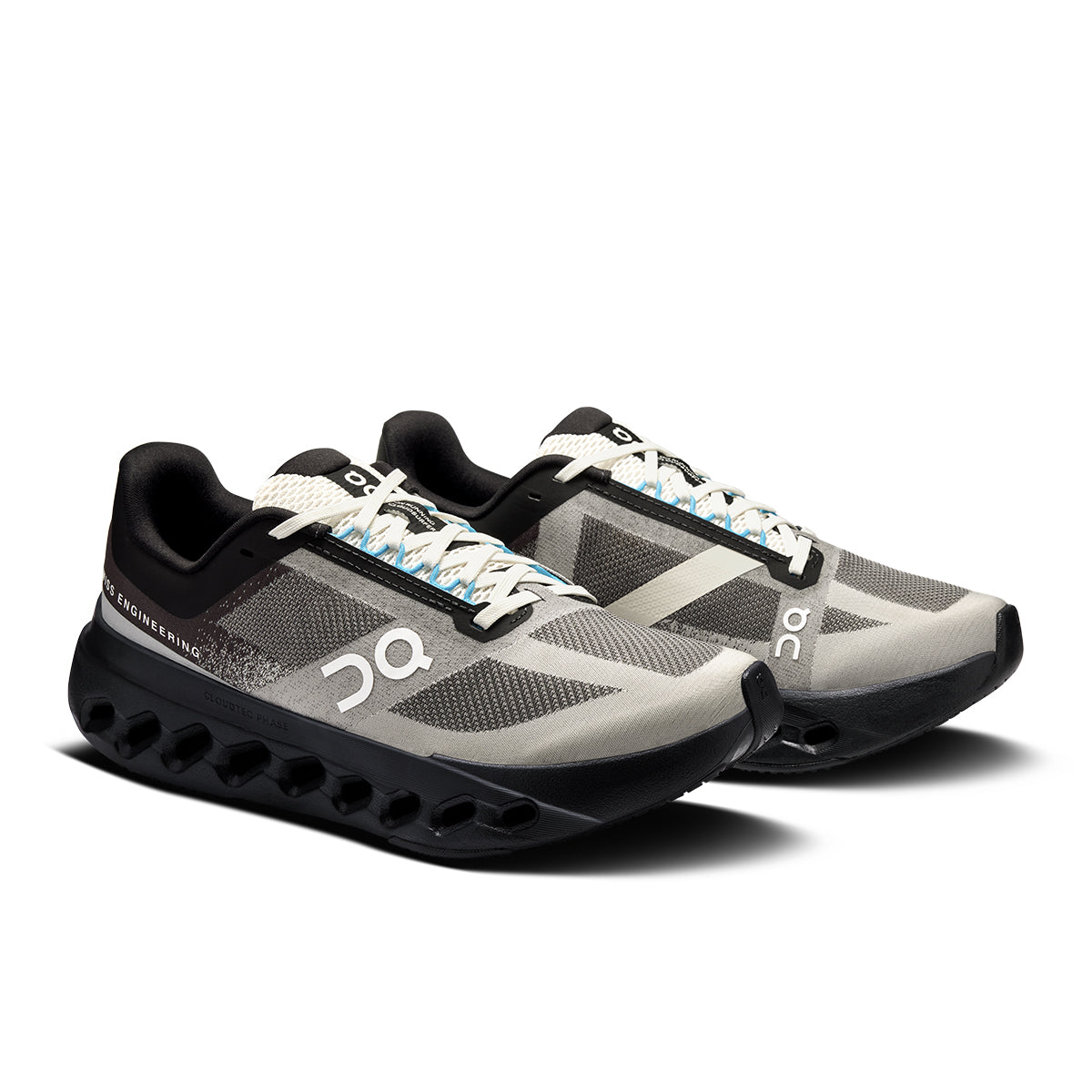 45-degree view of the Road Running On Cloudsurfer Next Lumos Black-Dew women’s running shoe 