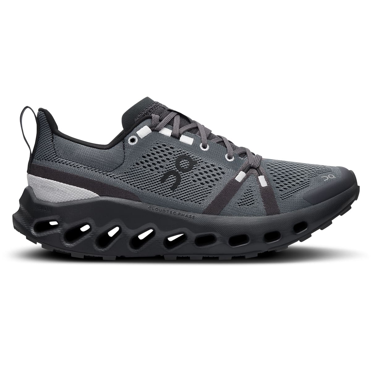 Right side view of the On Cloudsurfer Trail Eclipse Black women’s running shoe #color_eclipse-black