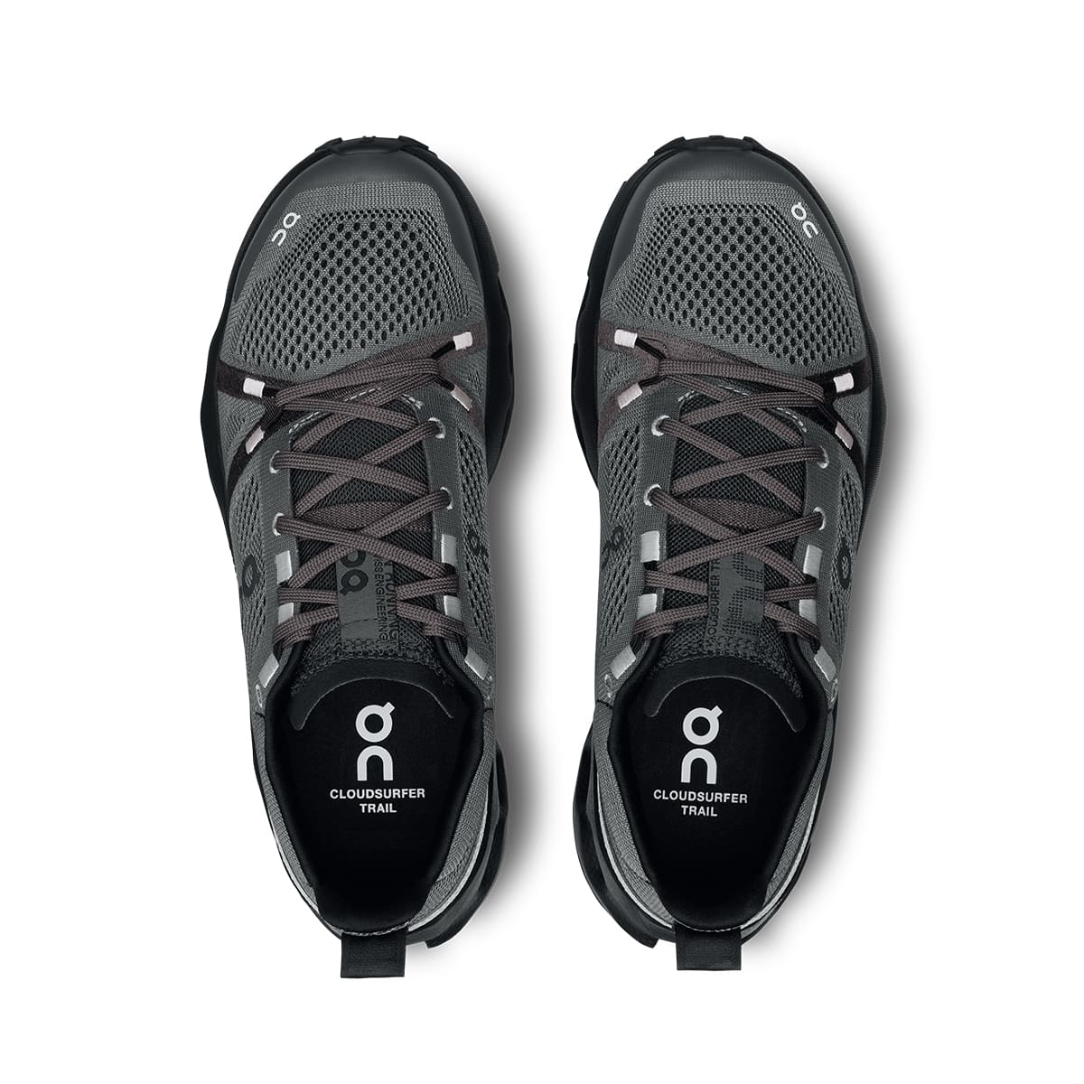 Top view of the On Cloudsurfer Trail Eclipse Black women’s running shoes #color_eclipse-black