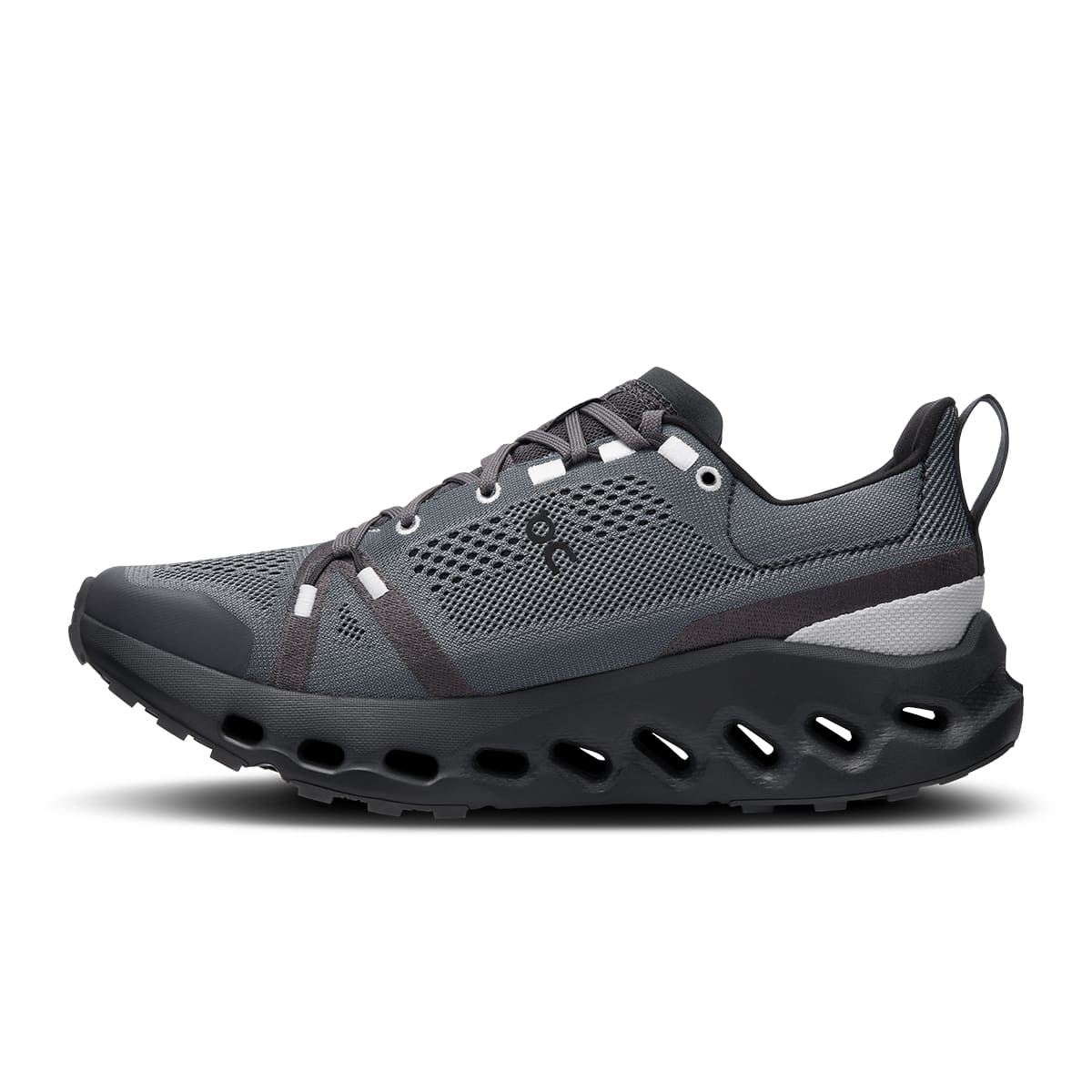 Left side view of the On Cloudsurfer Trail Eclipse Black women’s running shoe #color_eclipse-black