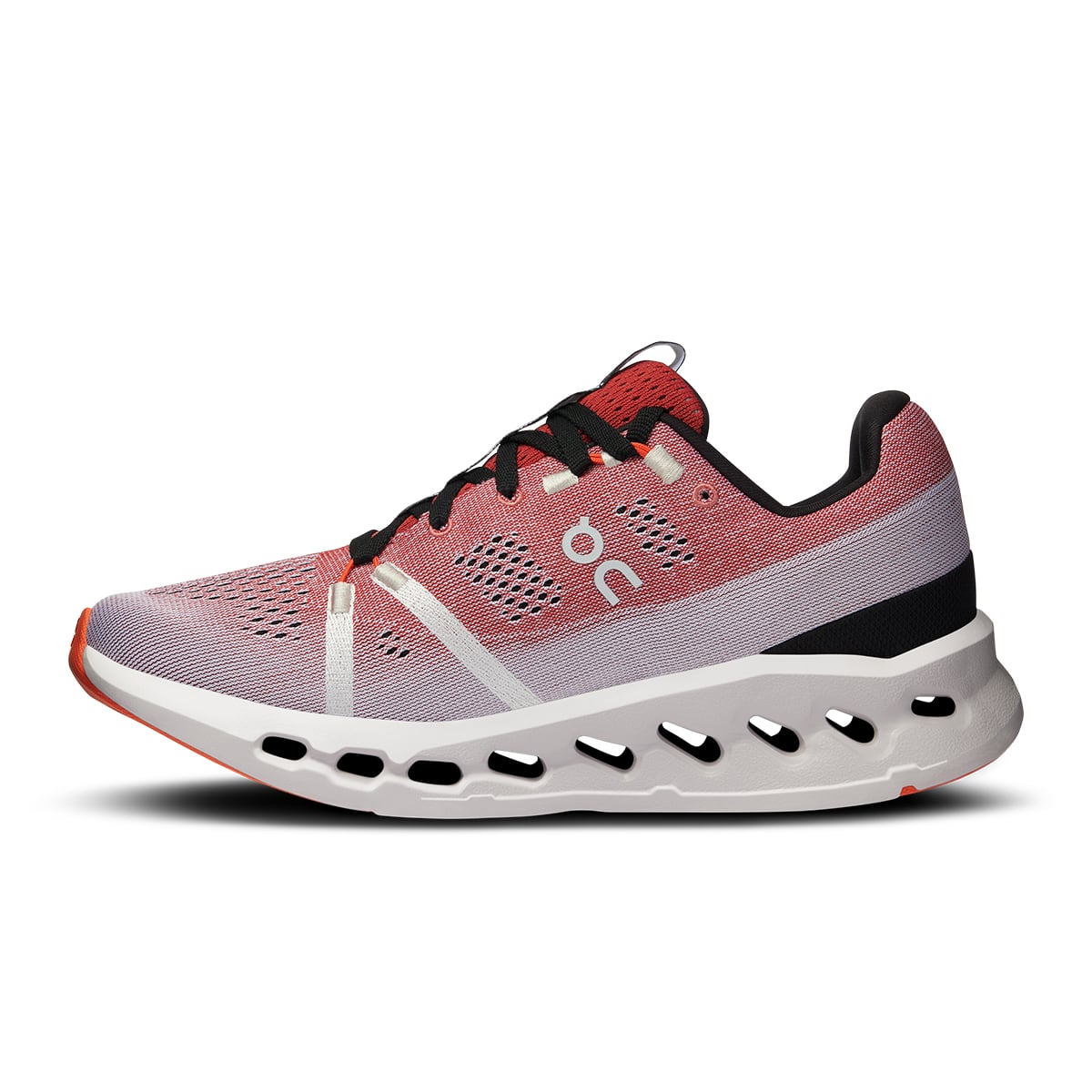 Left side view of the On Cloudsurfer Auburn-Frost women’s running shoe #color_auburn-frost