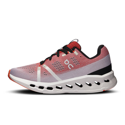 Left side view of the On Cloudsurfer Auburn-Frost women’s running shoe 