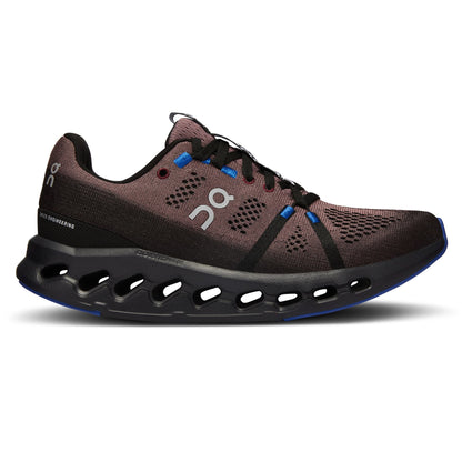 Right side view of the On Cloudsurfer Black-Cobalt women’s running shoe 