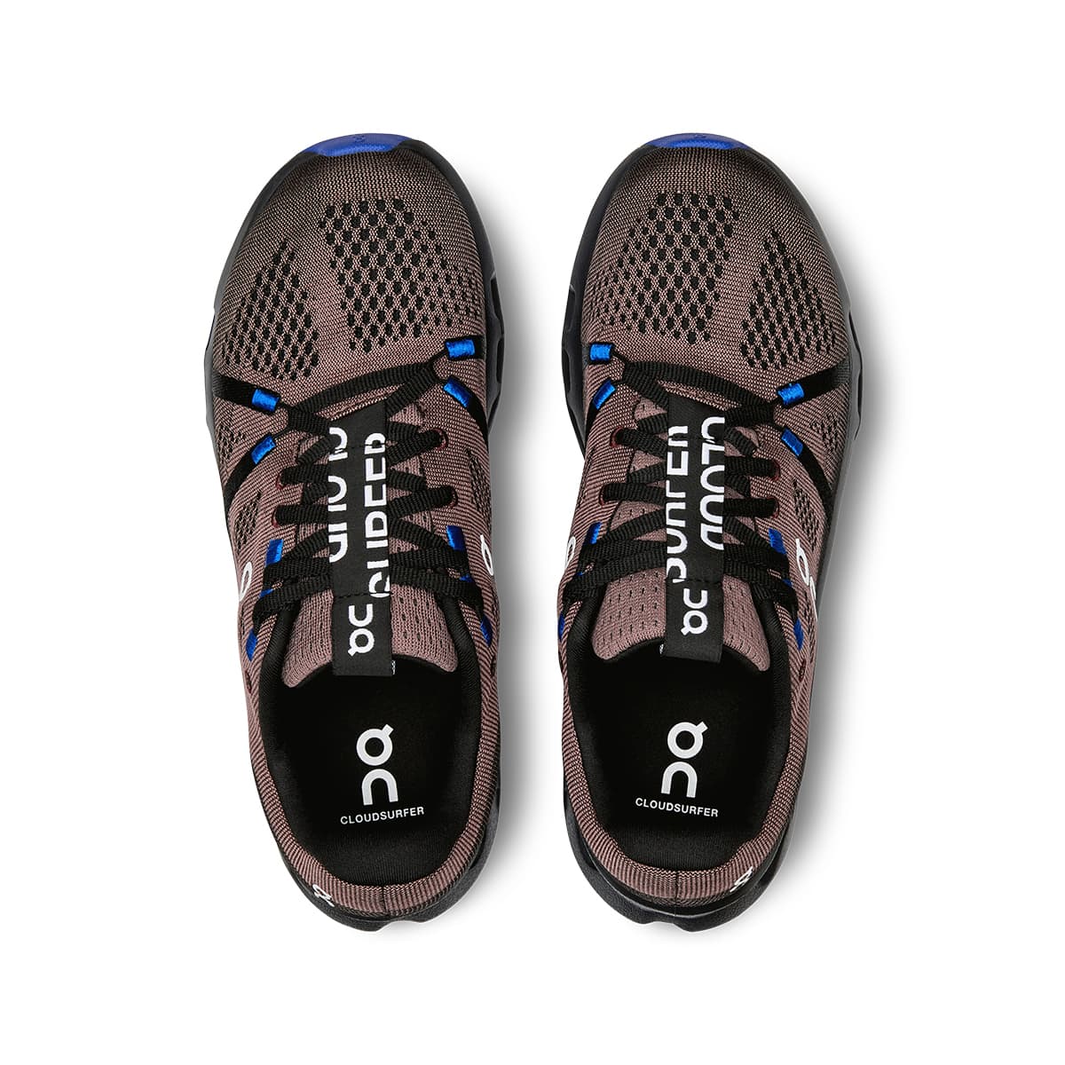 Top view of the On Cloudsurfer Black-Cobalt women’s running shoes 