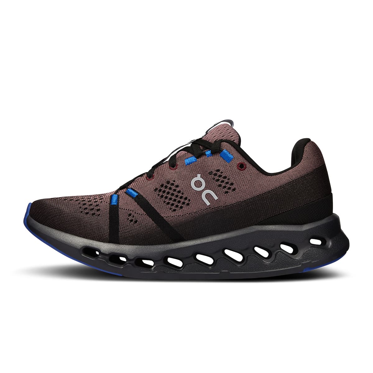 Left side view of the On Cloudsurfer Black-Cobalt women’s running shoe 