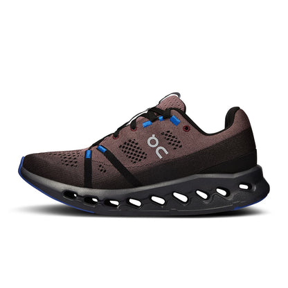 Left side view of the On Cloudsurfer Black-Cobalt women’s running shoe 