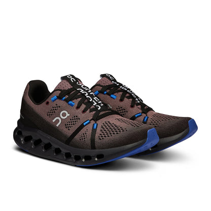 45-degree view of the On Cloudsurfer Black-Cobalt women’s running shoe 