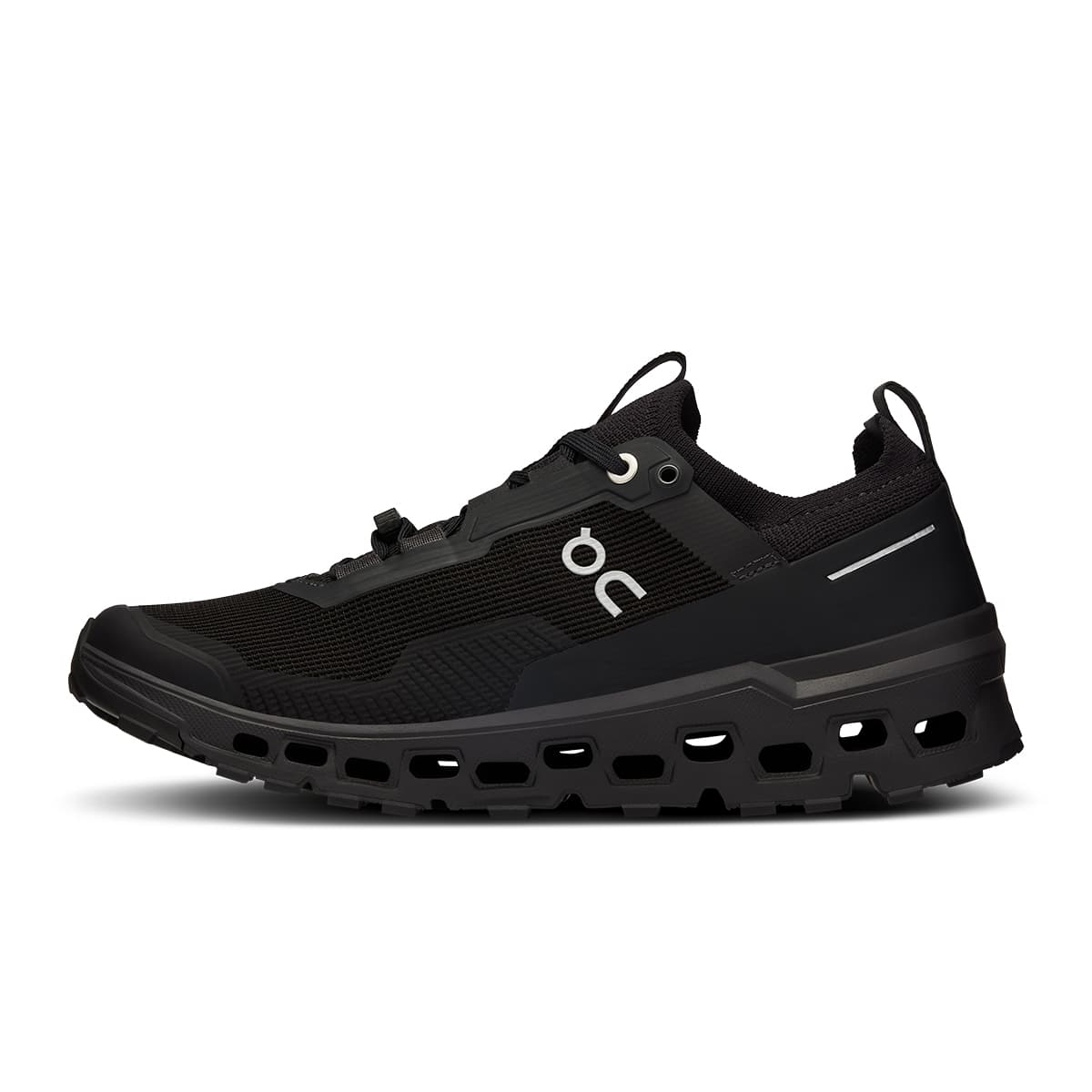 Left side view of the On Cloudultra 2 All Black women’s running shoe 