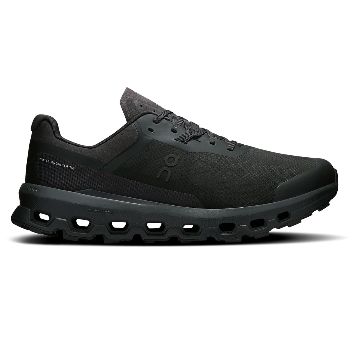 Right side view of the On Cloudvista 2 Black Black men’s running shoe #color_black-black