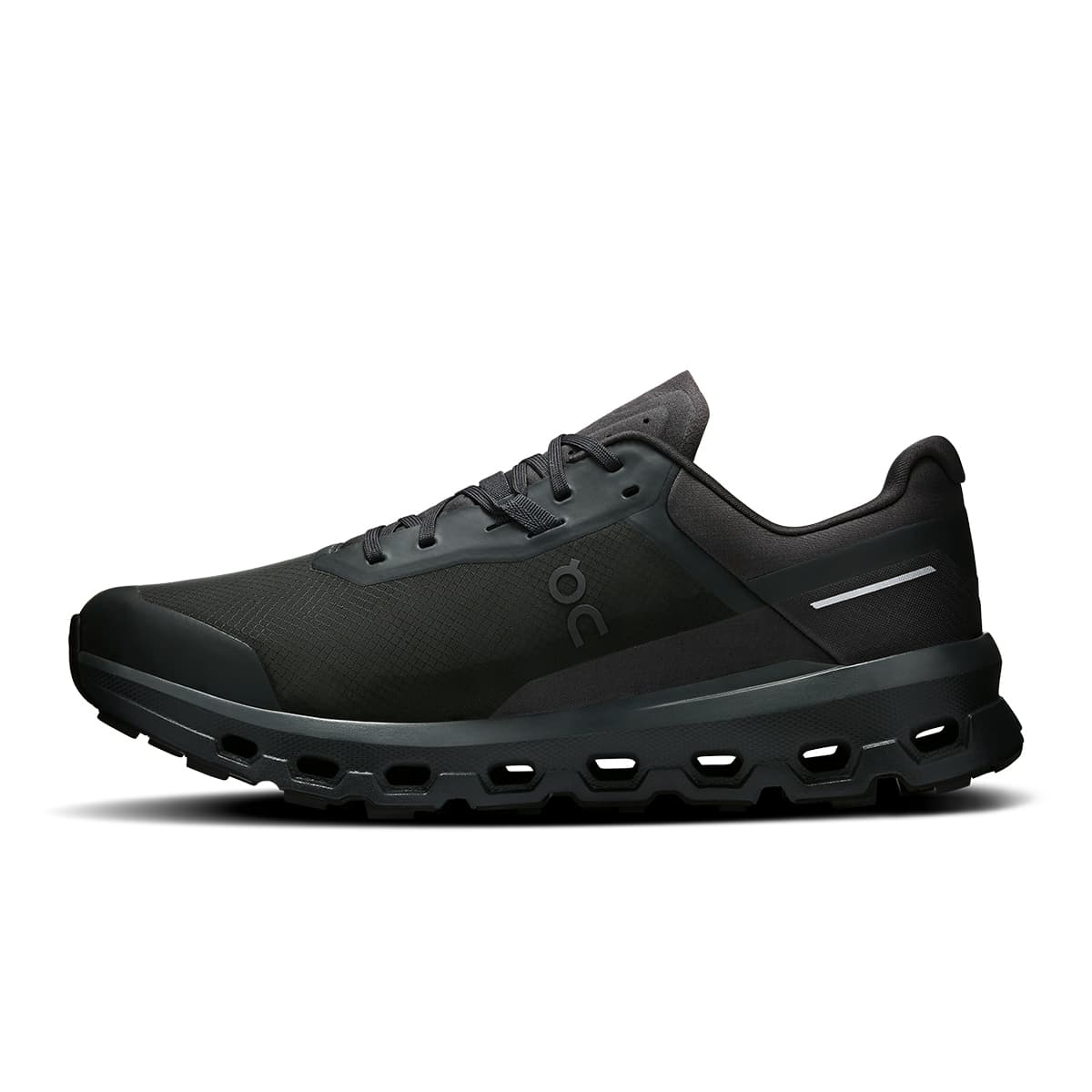 Left side view of the On Cloudvista 2 Black Black men’s running shoe #color_black-black