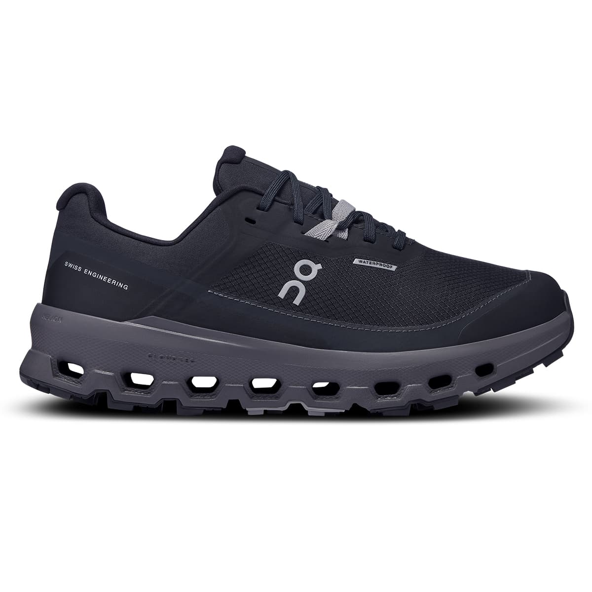 Right side view of the On Cloudvista 2 Black Eclipse women’s running shoe #color_black-eclipse