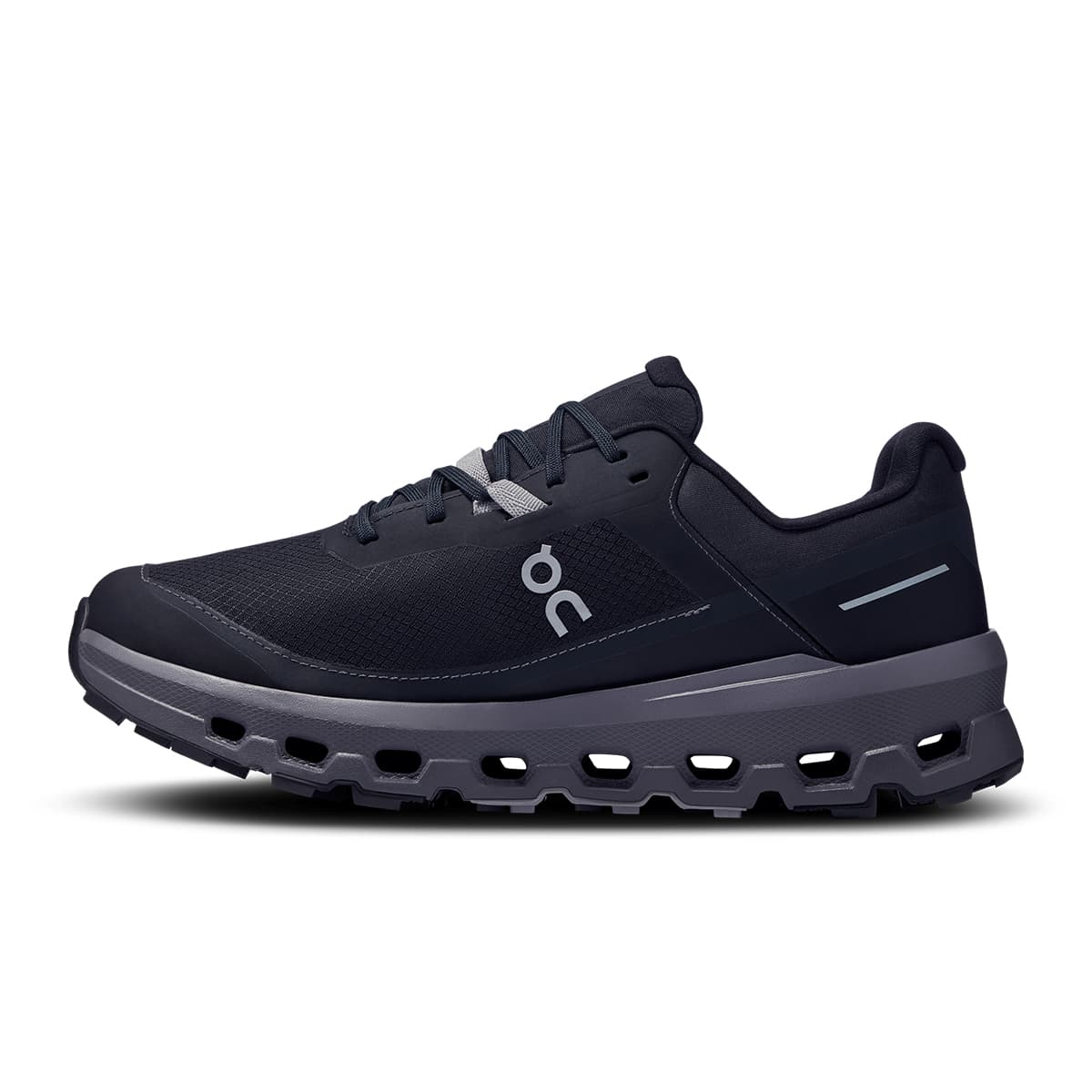 Left side view of the On Cloudvista 2 Black Eclipse women’s running shoe #color_black-eclipse