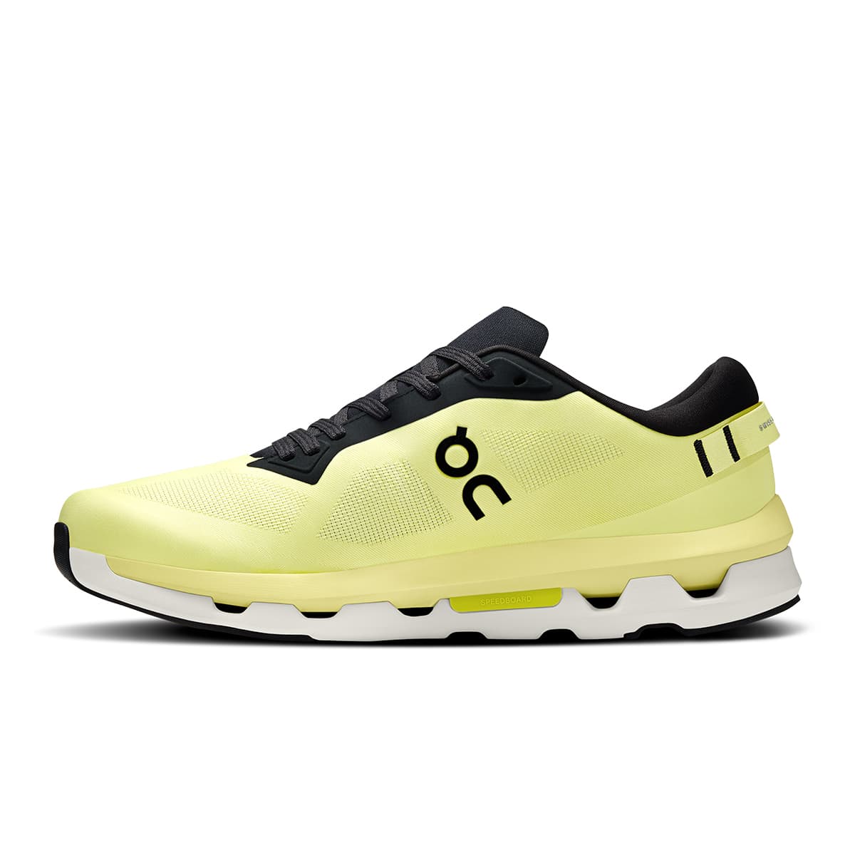 Left side view of the On Cloudzone Limelight-Black men’s running shoe #color_limelight-black