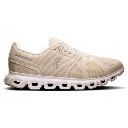 Right side view of the On Cloud 6 Pearl-White women’s running shoe 