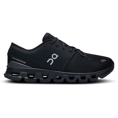 Right side view of the On Cloud X4 Black-Eclipse women’s running shoe 