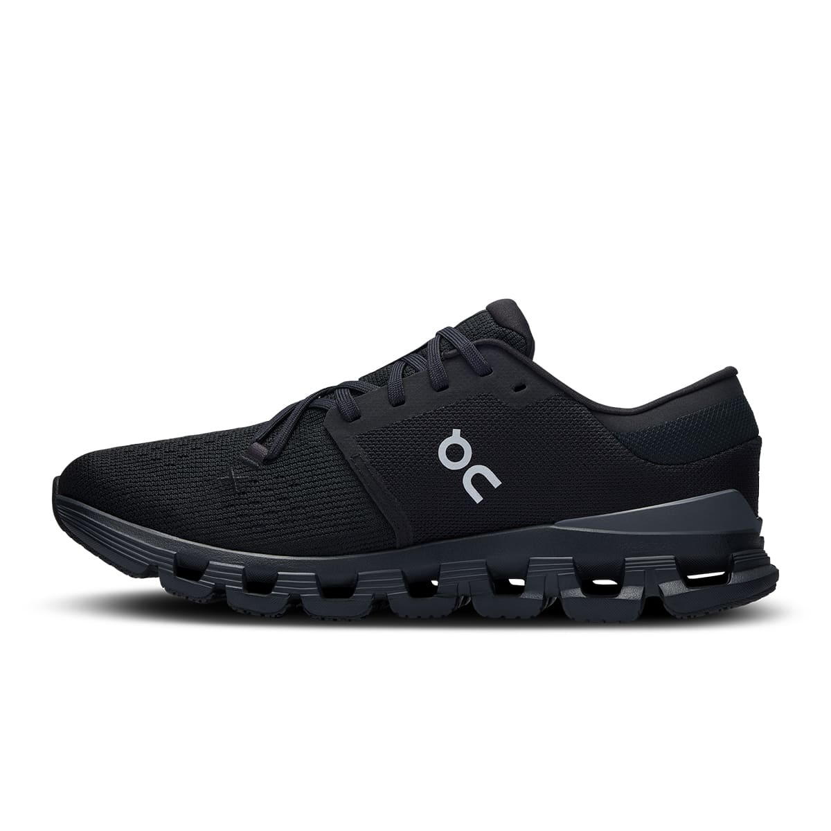 Left side view of the On Cloud X4 Black-Eclipse women’s running shoe 