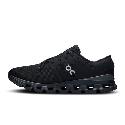 Left side view of the On Cloud X4 Black-Eclipse women’s running shoe 