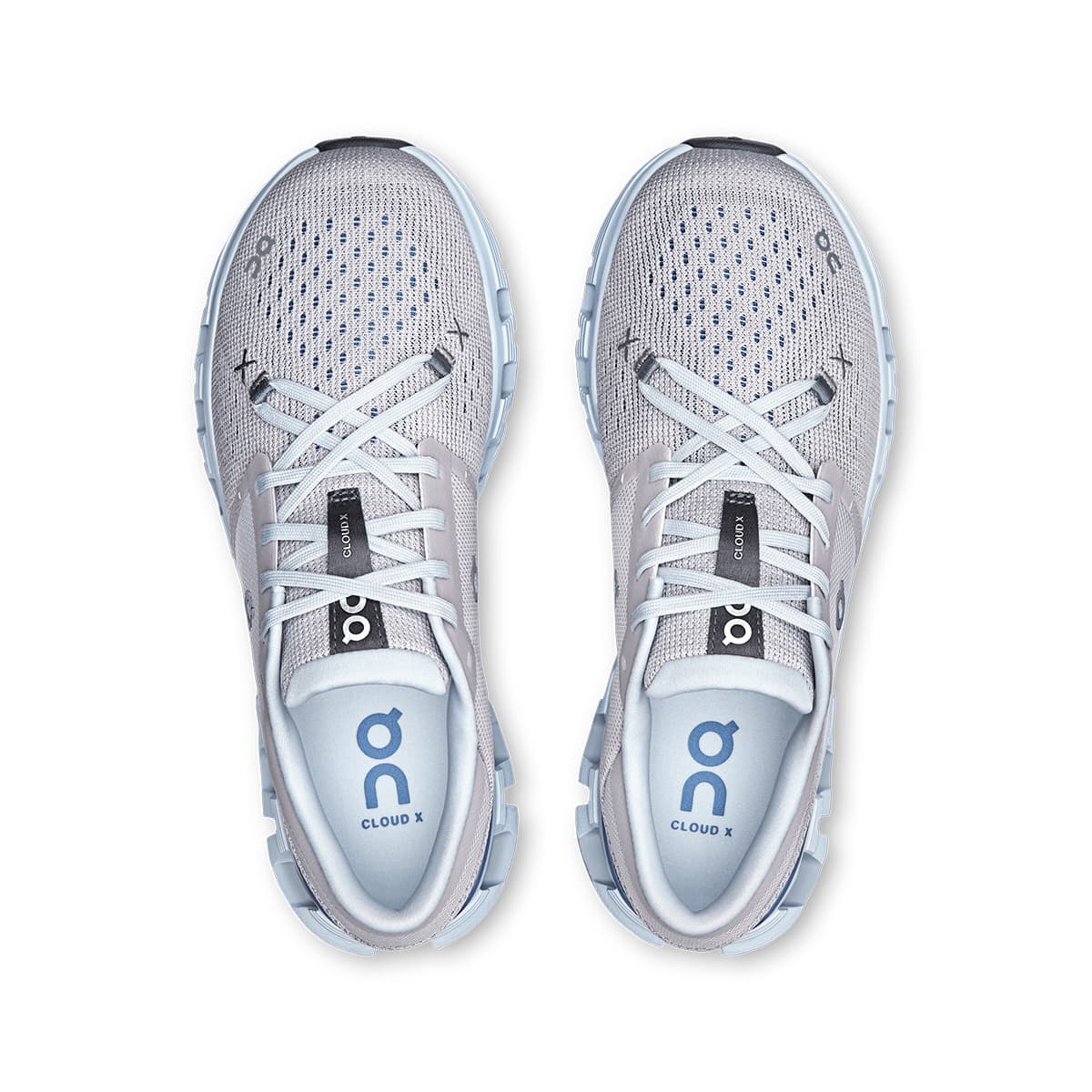 Top view of the On Cloud X4 Silver-Chambray women’s running shoes 