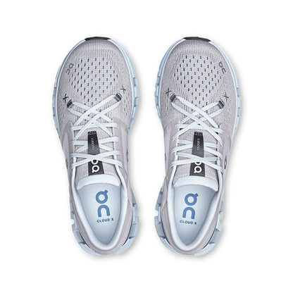 Top view of the On Cloud X4 Silver-Chambray women’s running shoes 