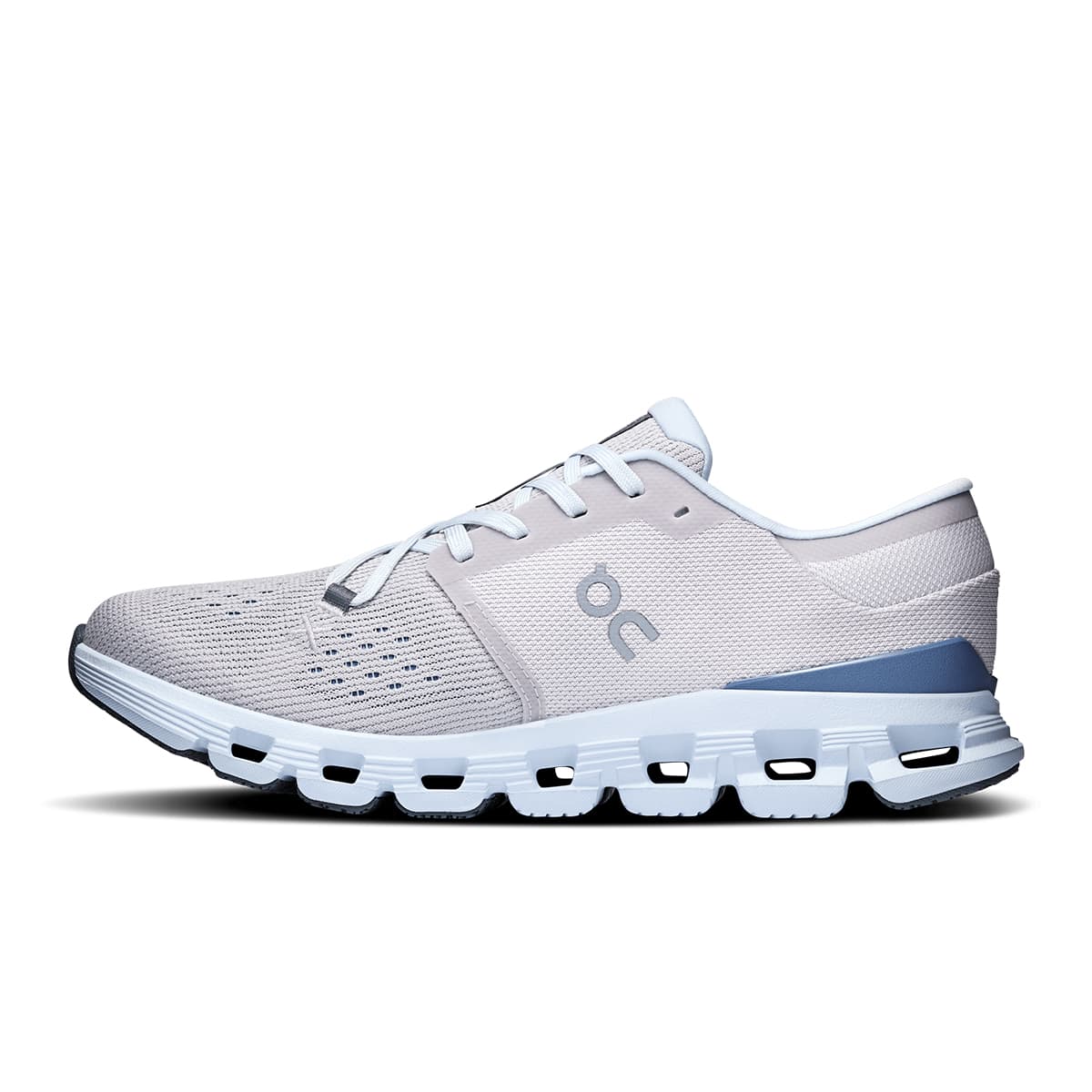 Left side view of the On Cloud X4 Silver-Chambray women’s running shoe 