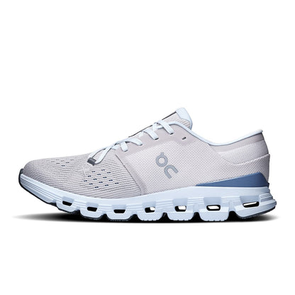 Left side view of the On Cloud X4 Silver-Chambray women’s running shoe 
