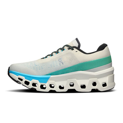 Left side view of the On Cloudmonster 2 Cream Horizon women’s running shoe 