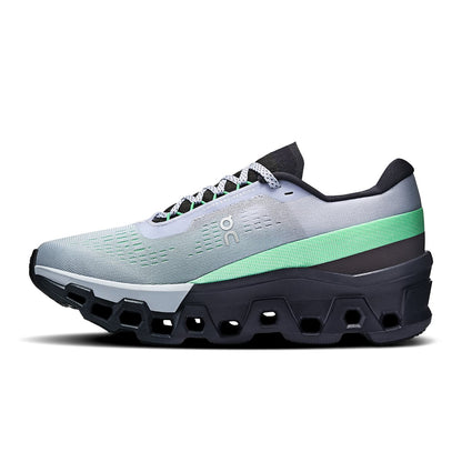 Left side view of the On Cloudmonster 2 Nimbus-Arctic women’s running shoe 