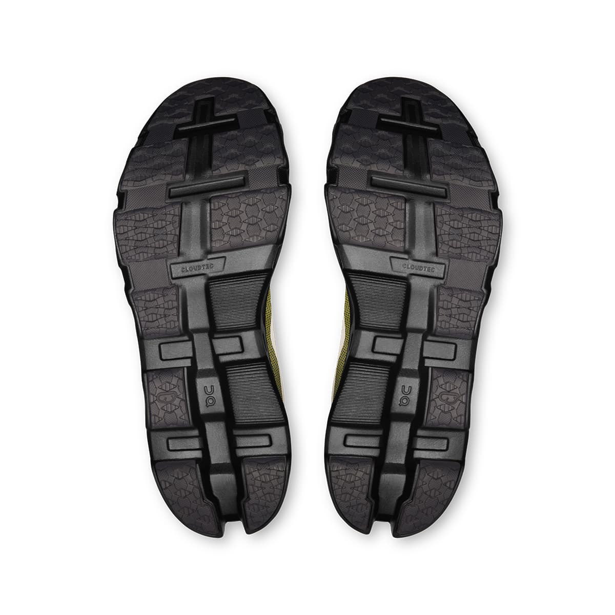 Soles of the On Cloudmonster Hyper Fade Lime men’s running shoes 