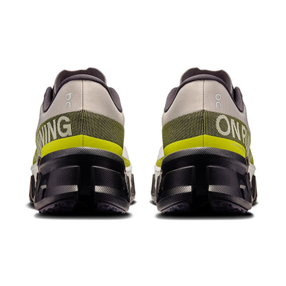 Back view of the On Cloudmonster Hyper Fade Lime men’s running shoe 