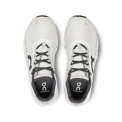 Top view of the On Cloudmonster All White women’s running shoes 