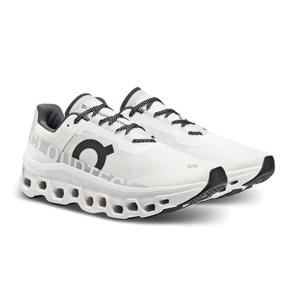 45-degree view of the On Cloudmonster All White women’s running shoe 