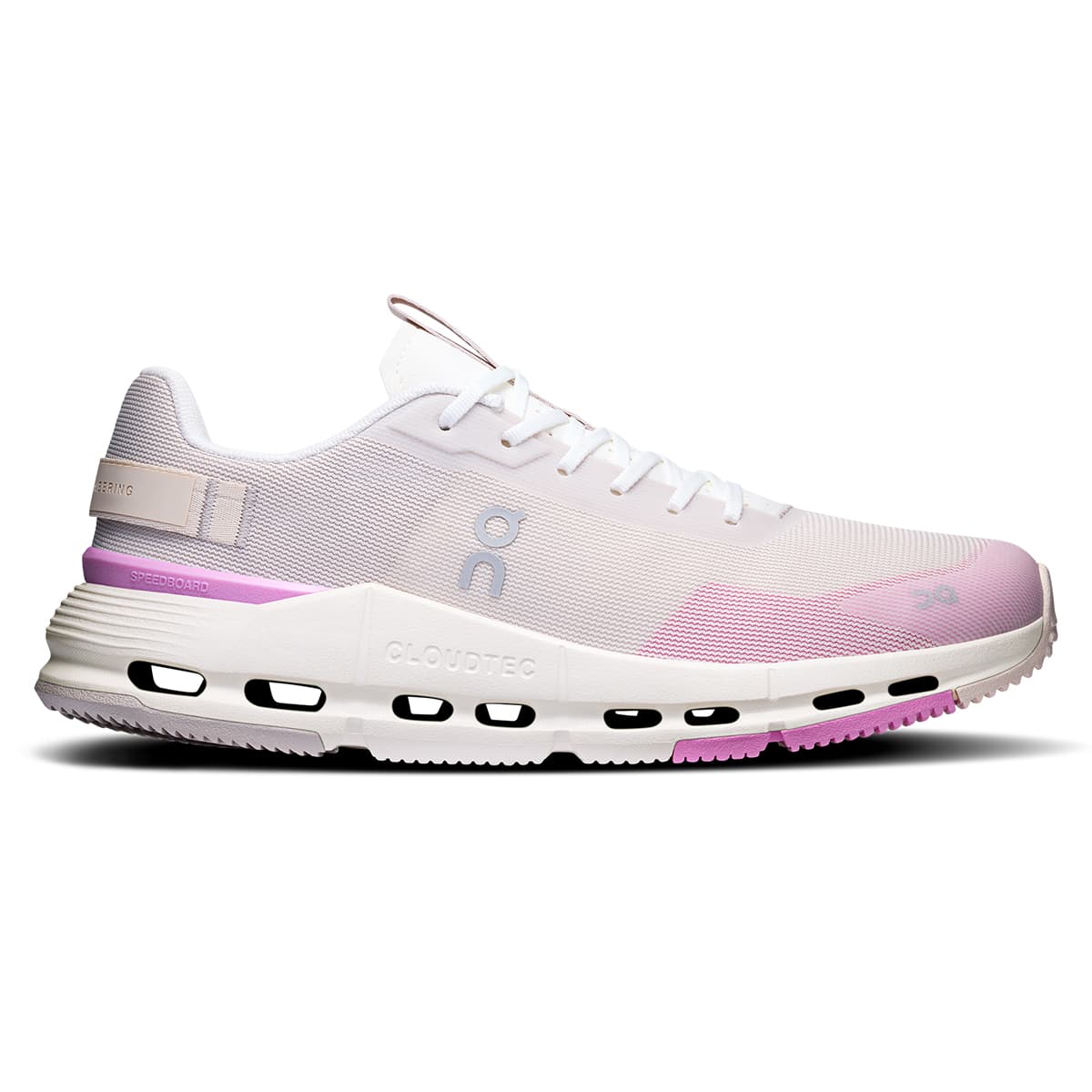 Right side view of the On Cloudnova Form Pearl Raspberry women’s running shoe #color_pearl-raspberry