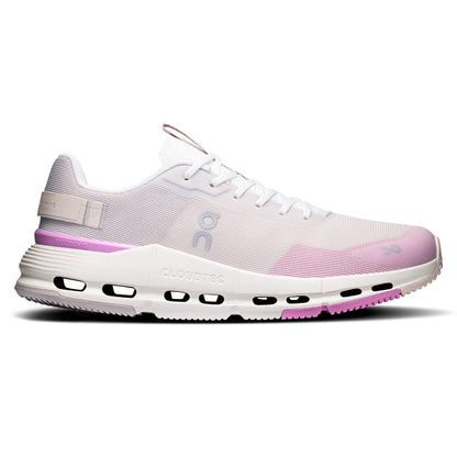 Right side view of the On Cloudnova Form Pearl Raspberry women’s running shoe 