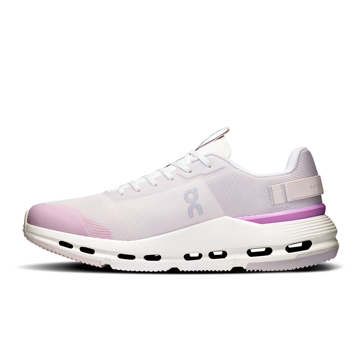 Left side view of the On Cloudnova Form Pearl Raspberry women’s running shoe #color_pearl-raspberry