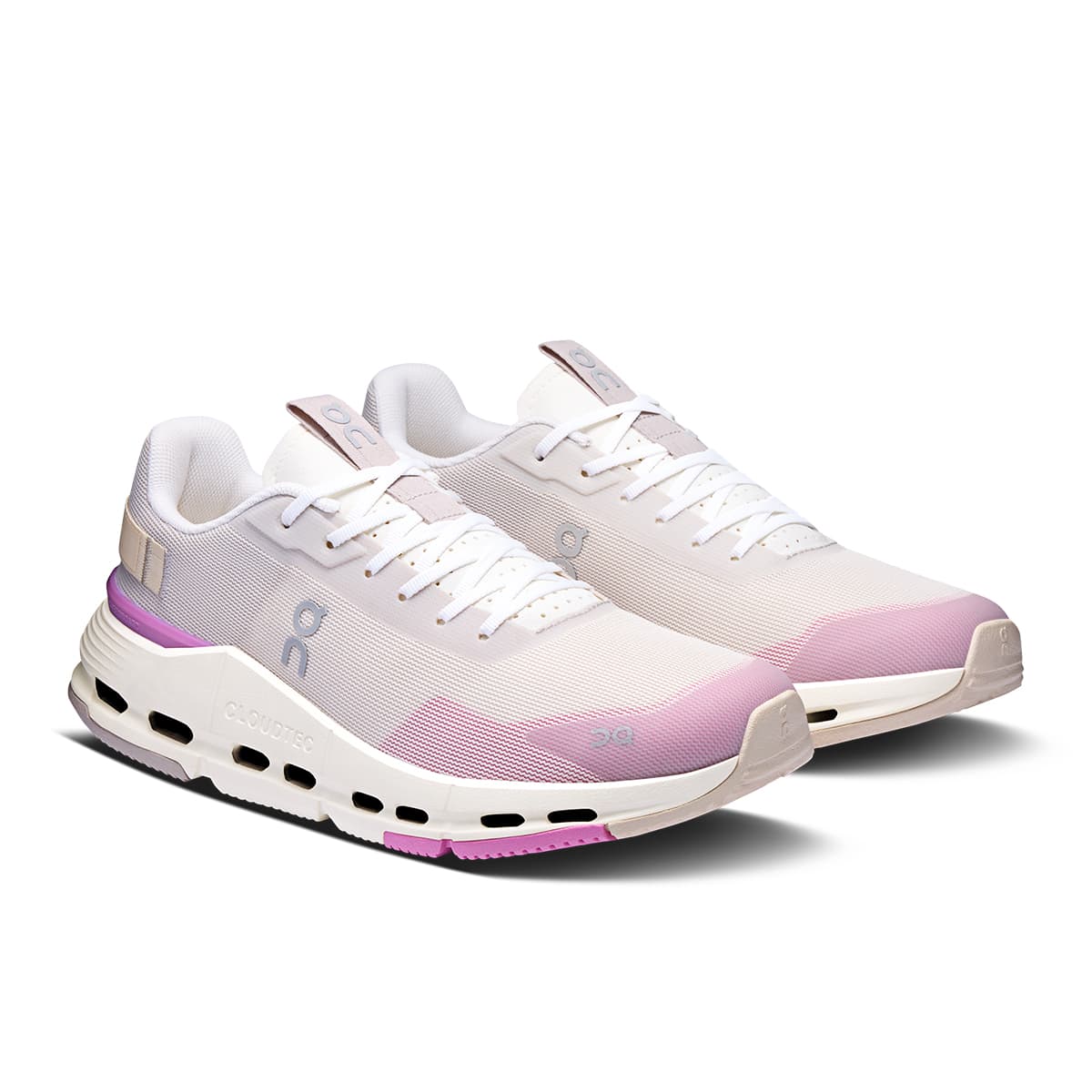 45-degree view of the On Cloudnova Form Pearl Raspberry women’s running shoe 