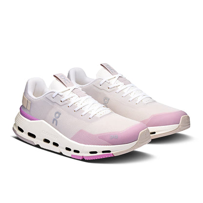 45-degree view of the On Cloudnova Form Pearl Raspberry women’s running shoe 