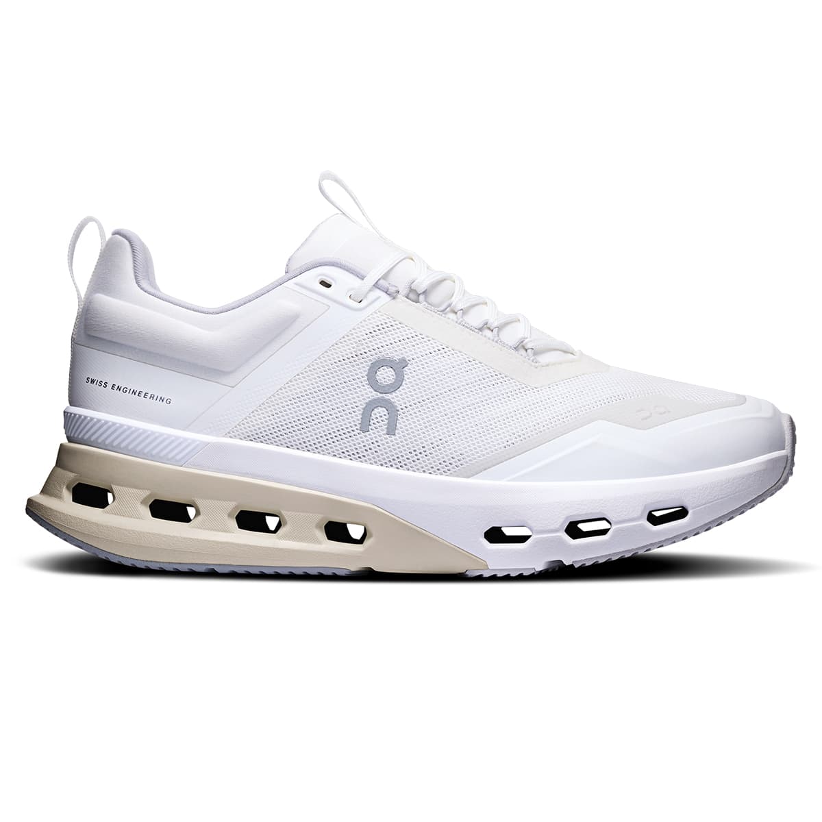 Right side view of the On Cloudnova X White Glacier women’s running shoe #color_white-glacier