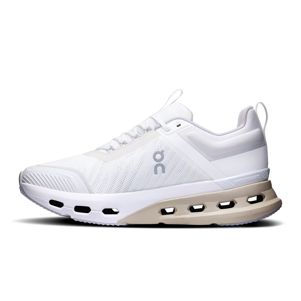 Left side view of the On Cloudnova X White Glacier women’s running shoe #color_white-glacier