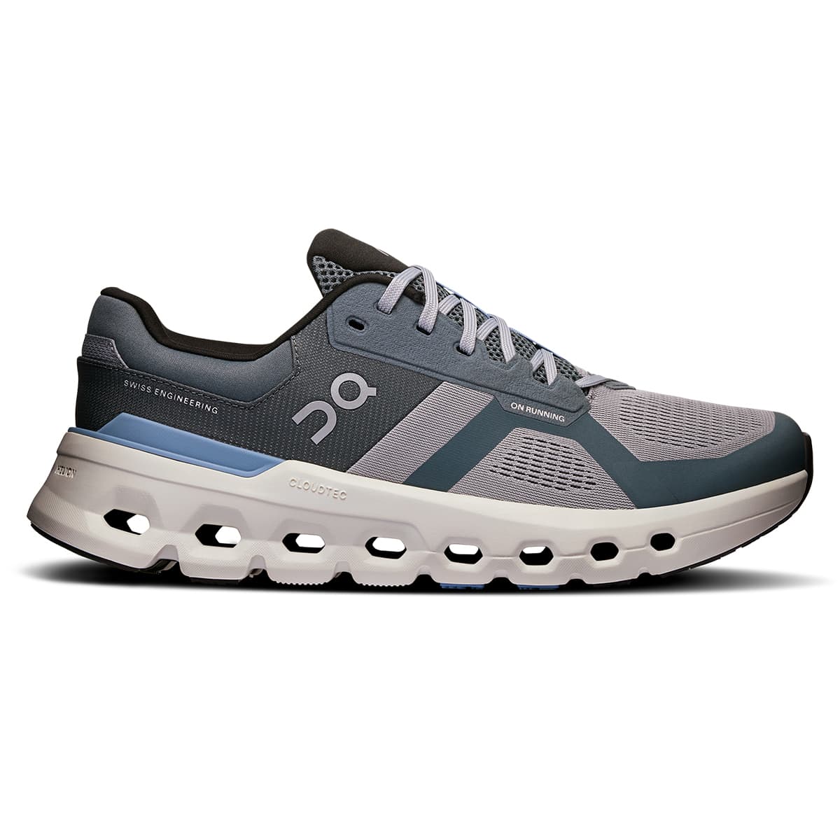 Right side view of the On Cloudrunner 2 Alloy Chambray men’s running shoe #color_alloy-chambray