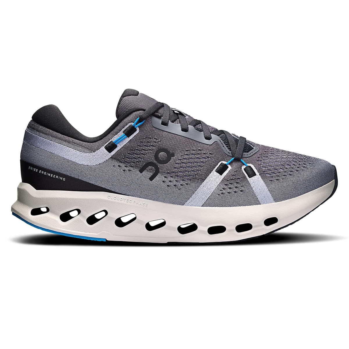 Right side view of the On Cloudsurfer-2 Black-Malibu men’s running shoe #color_black-malibu