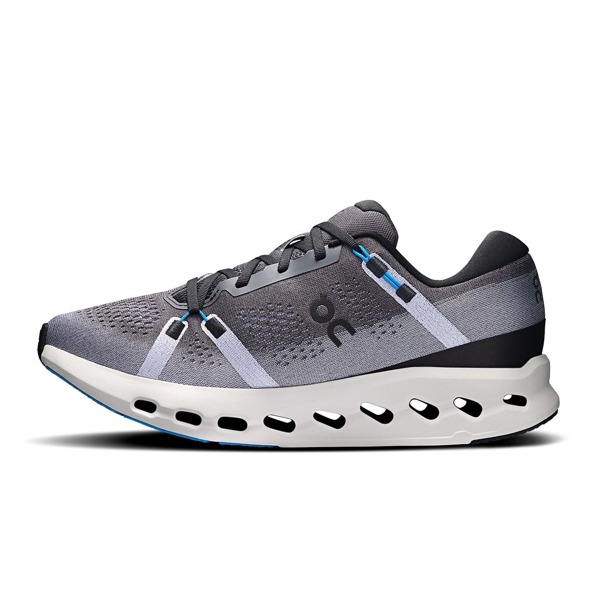 Left side view of the On Cloudsurfer-2 Black-Malibu men’s running shoe #color_black-malibu