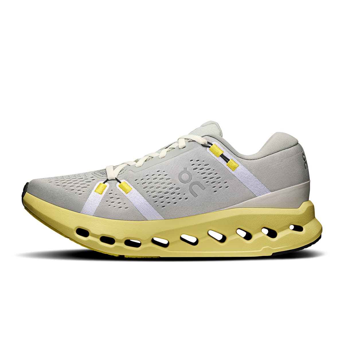 Left side view of the On Cloudsurfer 2 Glacier Limelight women’s running shoe #color_glacier-limelight