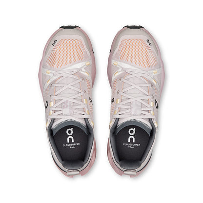 45-degree view of the On Cloudsurfer Trail Silver Mauve women’s running shoe 